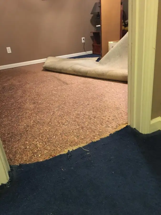 Carpet pad removal revealing water damage during Drying & Dehumidification in El Monte